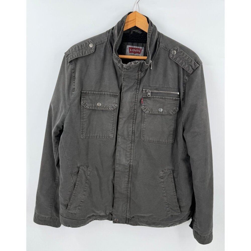 Levis Mens Sherpa Fleece Lined Trucker Jacket Black Canvas Size Large Zipper
